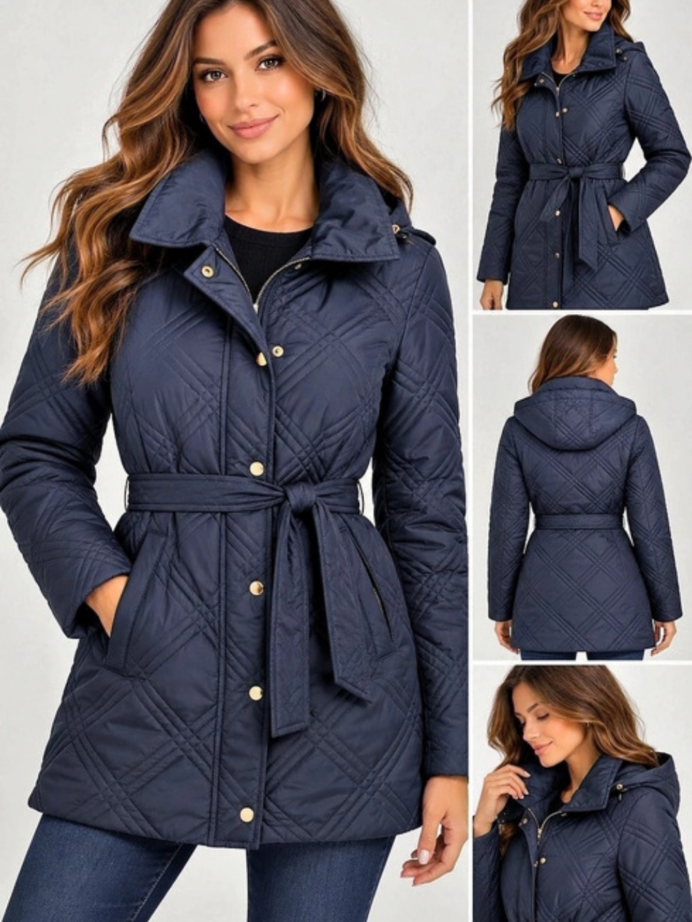 Jones New York Women's Quilted Hooded & Belted Coat Blue Medium
